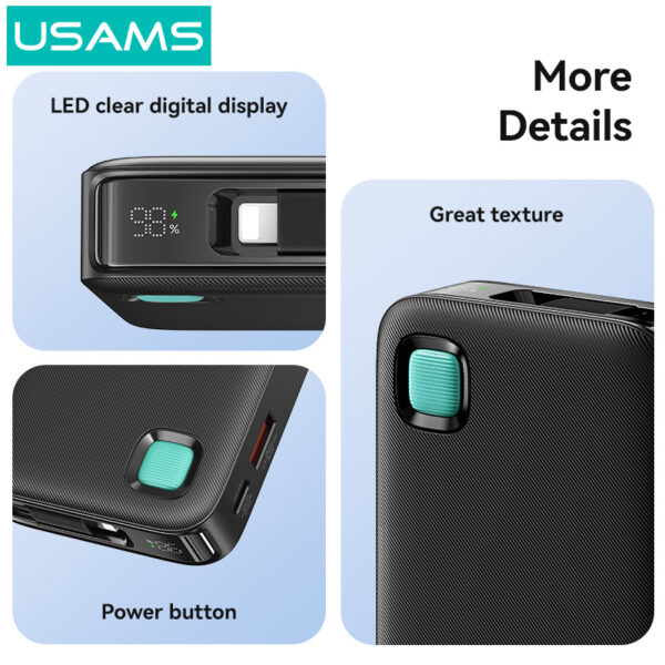 USAMS power bank CD225 με καλώδιο Lightning, 2x θύρες εξόδου, 10000mAh, 20W, λευκό - Image 5