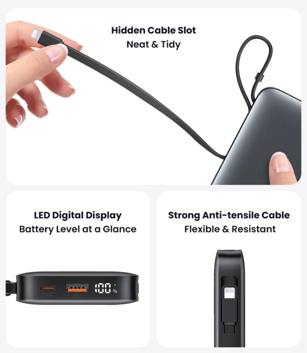 USAMS power bank CD228 με 2x καλώδια, 2x θύρες εξόδου, 10000mAh, 20W, γκρι - Image 5