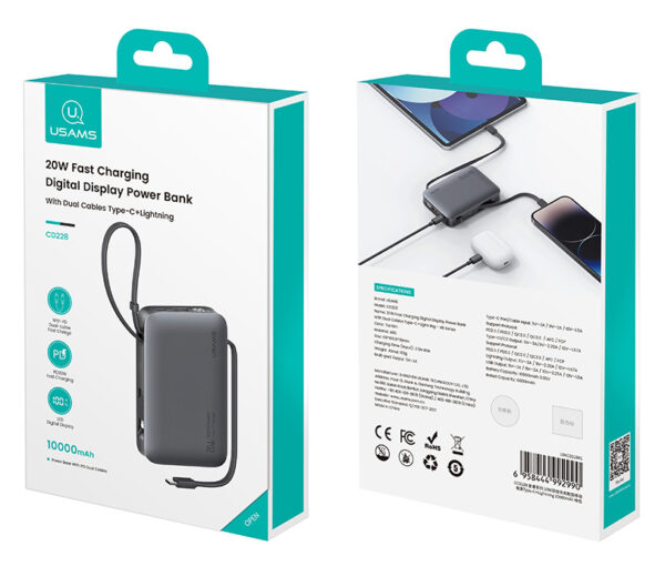 USAMS power bank CD228 με 2x καλώδια, 2x θύρες εξόδου, 10000mAh, 20W, γκρι - Image 7