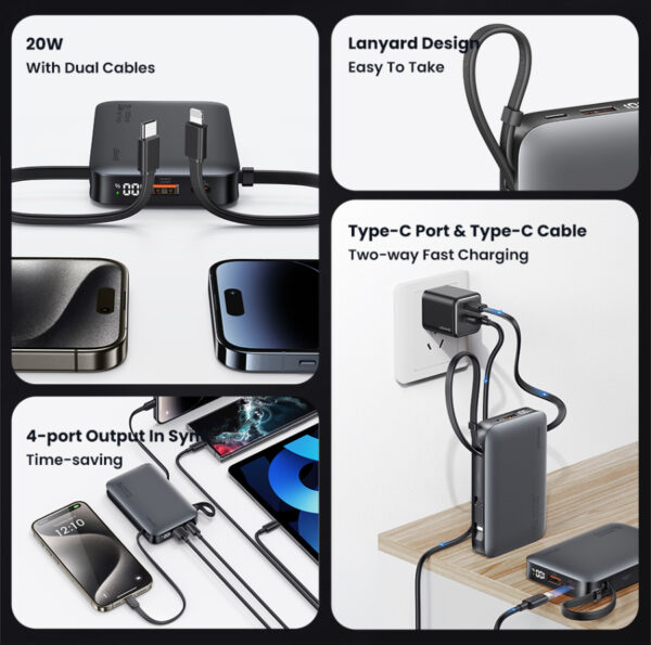 USAMS power bank CD228 με 2x καλώδια, 2x θύρες εξόδου, 10000mAh, 20W, ασημί - Image 2