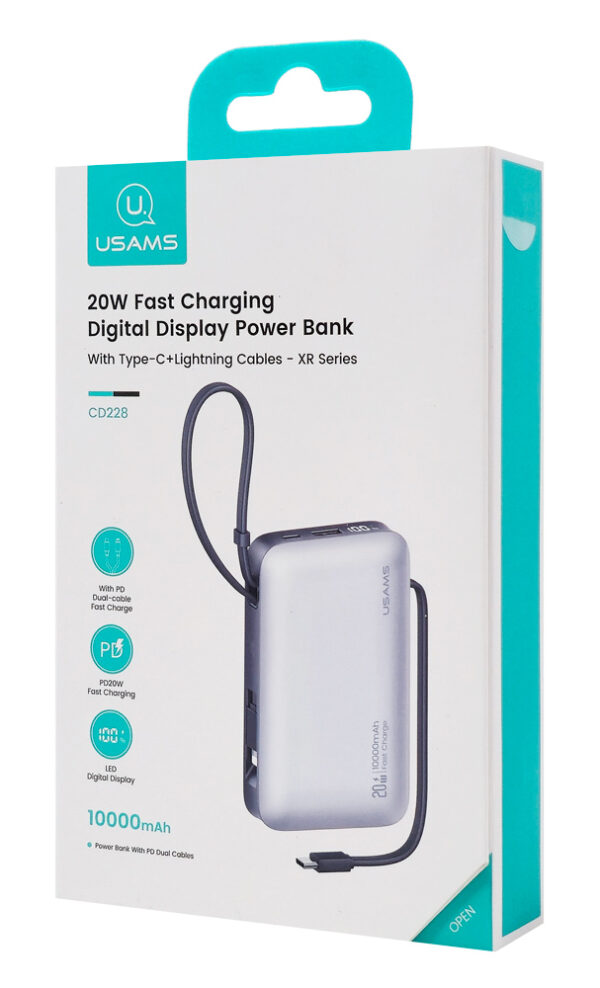 USAMS power bank CD228 με 2x καλώδια, 2x θύρες εξόδου, 10000mAh, 20W, ασημί - Image 7