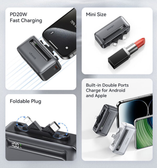USAMS power bank CD233, USB-C/Lightning έξοδος, 4500mAh, 20W, γκρι - Image 2