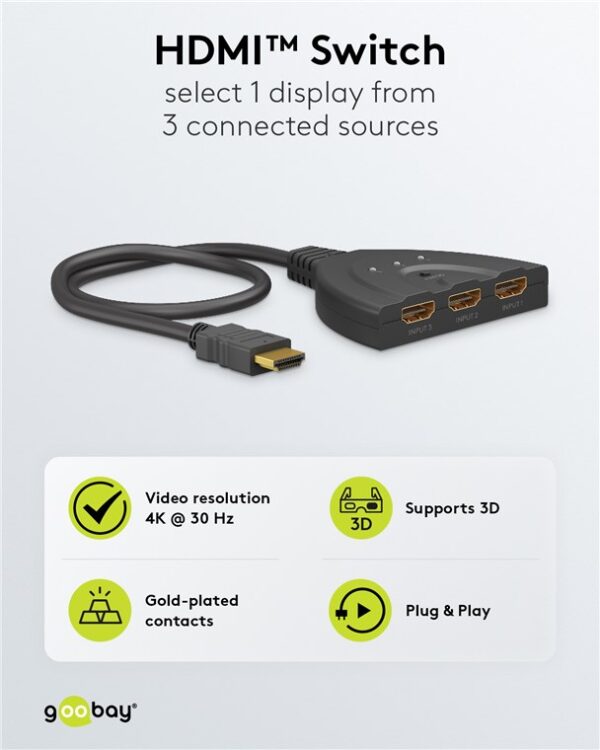 GOOBAY HDMI switch 58487, 3-in σε 1-out, 4K/30Hz, μαύρο - Image 4