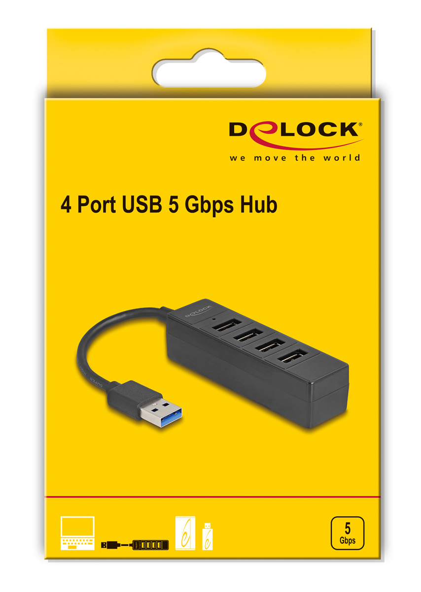 DELOCK USB hub 64350, 4x θυρών, USB 3.0, 5Gbps, USB σύνδεση, μαύρος - Image 2