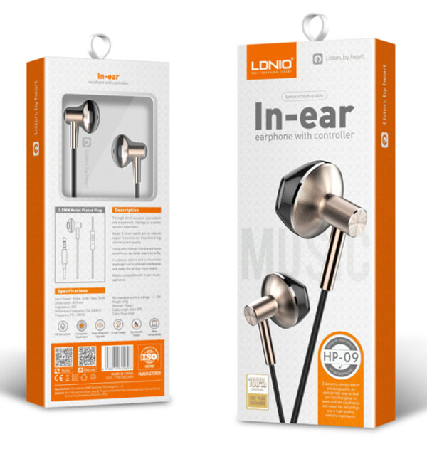LDNIO earphones με μικρόφωνο HP09, 3.5mm σύνδεση, Φ13mm, 1.2m, ροζ χρυσό - Image 4