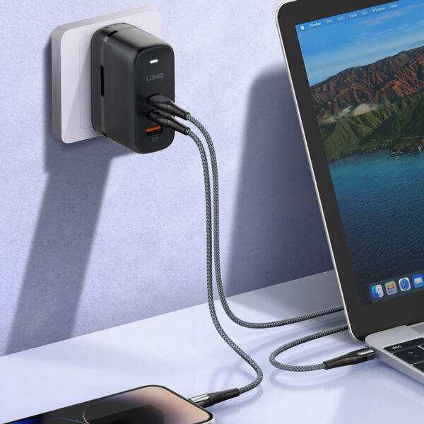 LDNIO φορτιστής τοίχου Q366 με καλώδιο, USB/2x USB-C, 65W, GaN, μαύρος - Image 3