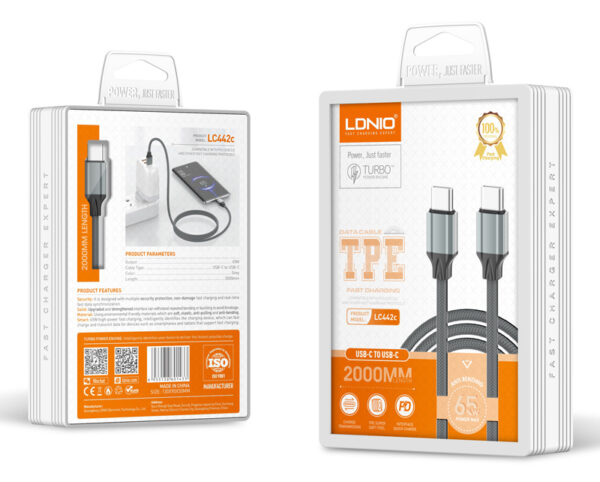 LDNIO καλώδιο USB-C σε USB-C LC442C, 65W PD, 2m, γκρι - Image 5