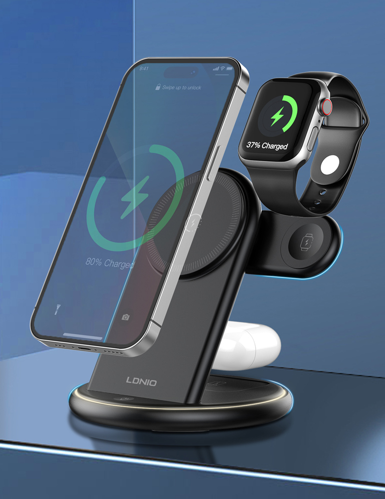 LDNIO ασύρματος φορτιστής WL02 με LED φωτισμό, 3 σε 1, 15W, μαύρος - Image 2