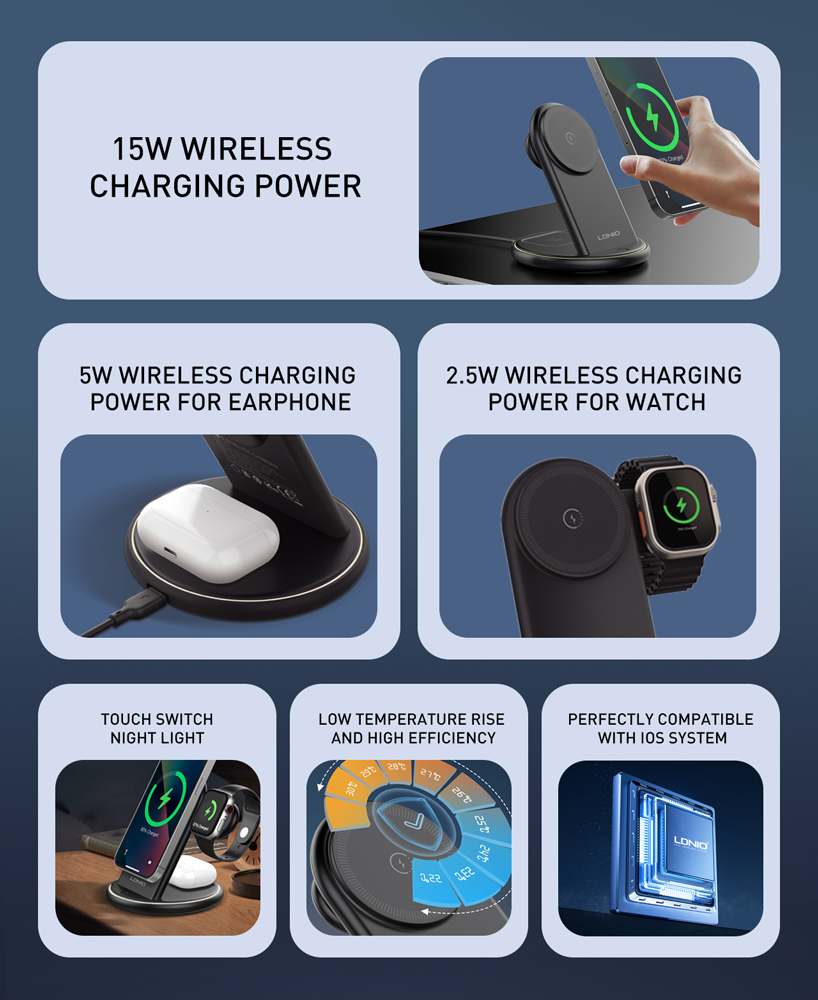 LDNIO ασύρματος φορτιστής WL02 με LED φωτισμό, 3 σε 1, 15W, μαύρος - Image 3