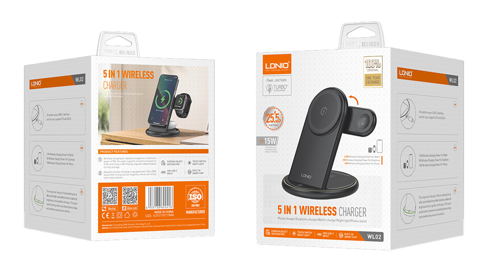 LDNIO ασύρματος φορτιστής WL02 με LED φωτισμό, 3 σε 1, 15W, μαύρος - Image 10