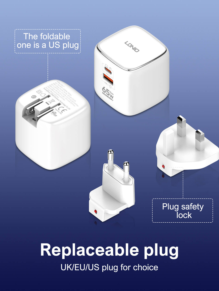 LDNIO φορτιστής τοίχου Q2617 με καλώδιο USB-C, EU/UK/US βύσμα, USB/USB-C, 65W, GaN, λευκός - Image 2