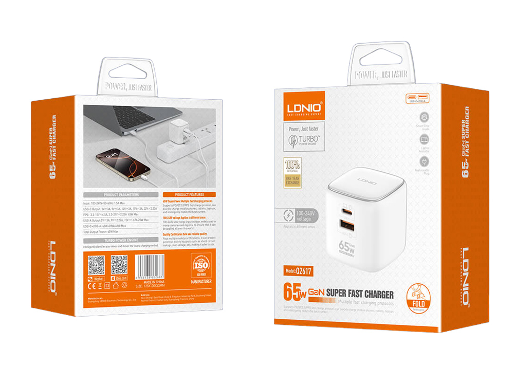 LDNIO φορτιστής τοίχου Q2617 με καλώδιο USB-C, EU/UK/US βύσμα, USB/USB-C, 65W, GaN, λευκός - Image 8