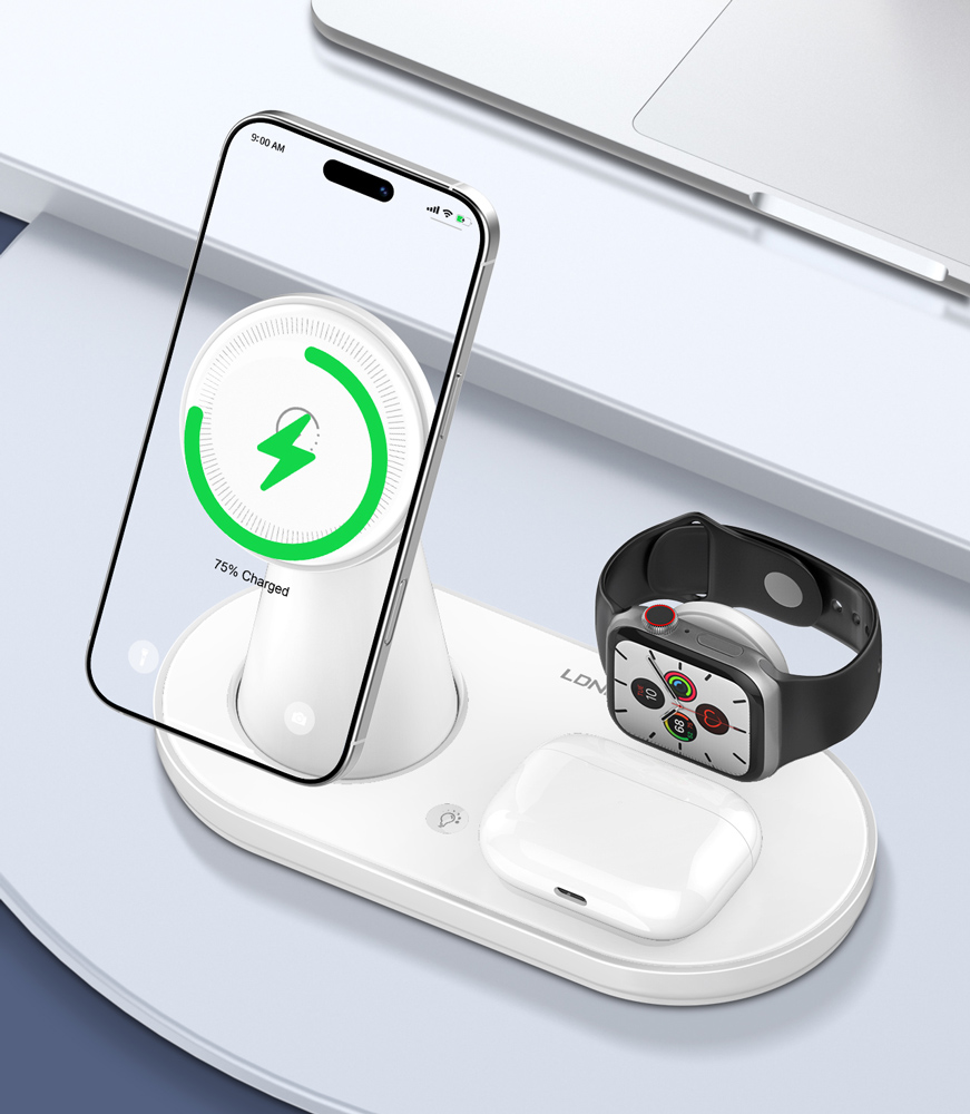 LDNIO ασύρματος φορτιστής WL01 με LED φωτισμό, 3 σε 1, 15W, λευκός - Image 2