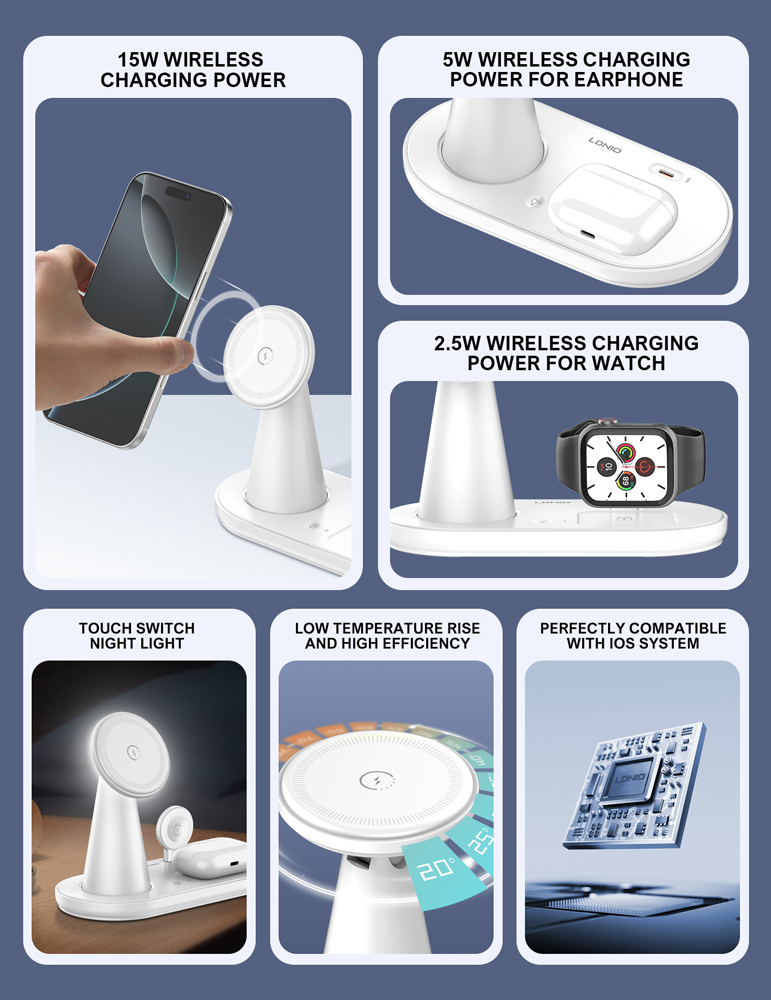 LDNIO ασύρματος φορτιστής WL01 με LED φωτισμό, 3 σε 1, 15W, λευκός - Image 3