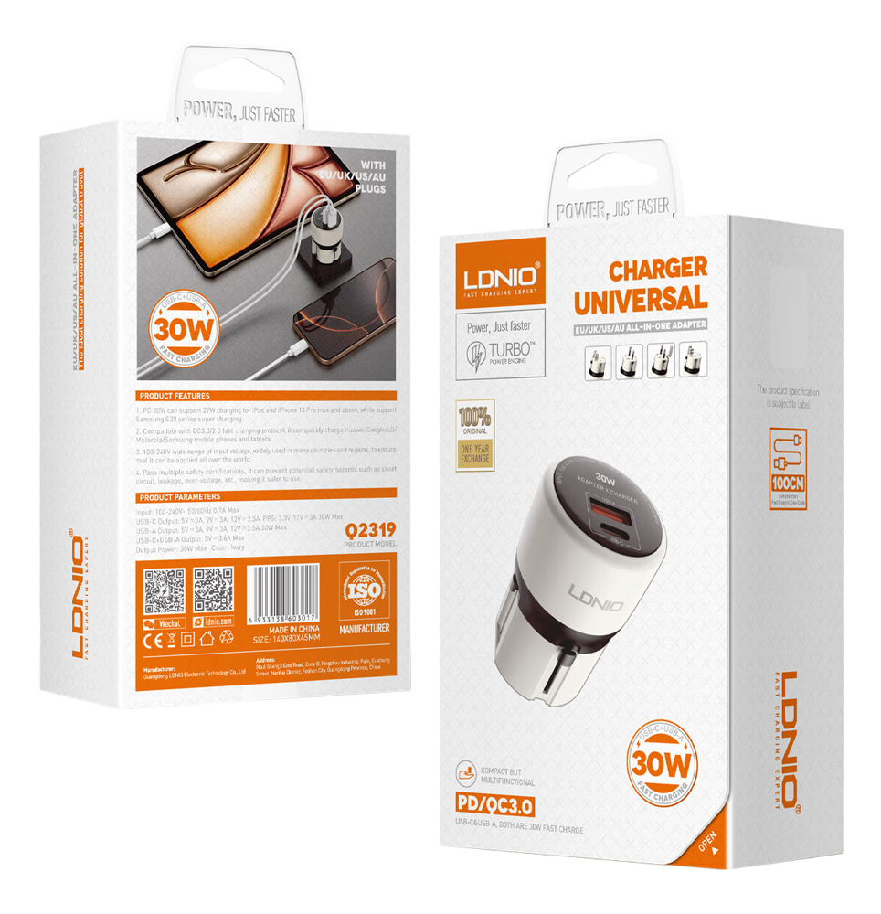 LDNIO φορτιστής τοίχου Q2319 με καλώδιο USB-C, EU/UK/US/AU βύσμα, USB/USB-C, 30W, γκρι - Image 7