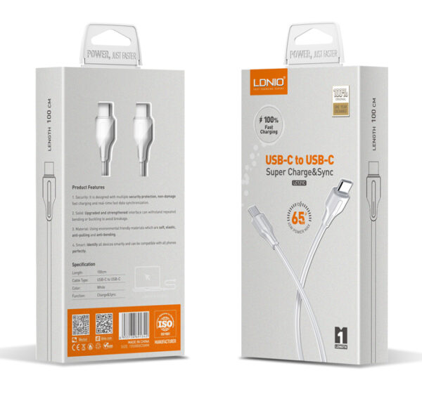 LDNIO καλώδιο USB-C σε USB-C LC121C, 65W PD, 1m, λευκό - Image 6