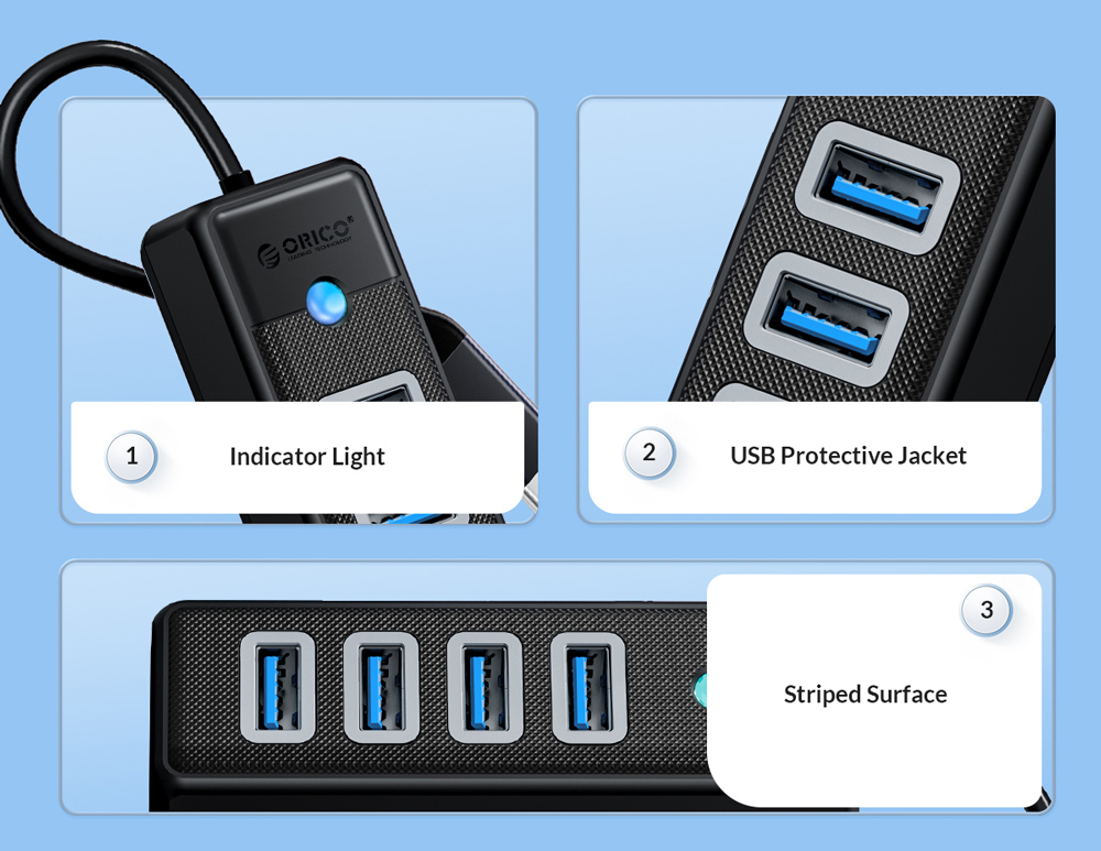 ORICO USB hub PW4U-C3, 4x θυρών, USB 3.0, 5Gbps, USB-C σύνδεση, μαύρο - Image 4
