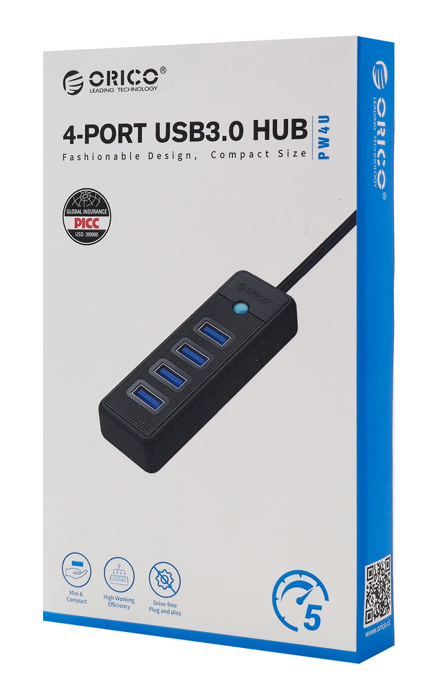 ORICO USB hub PW4U-C3, 4x θυρών, USB 3.0, 5Gbps, USB-C σύνδεση, μαύρο - Image 5