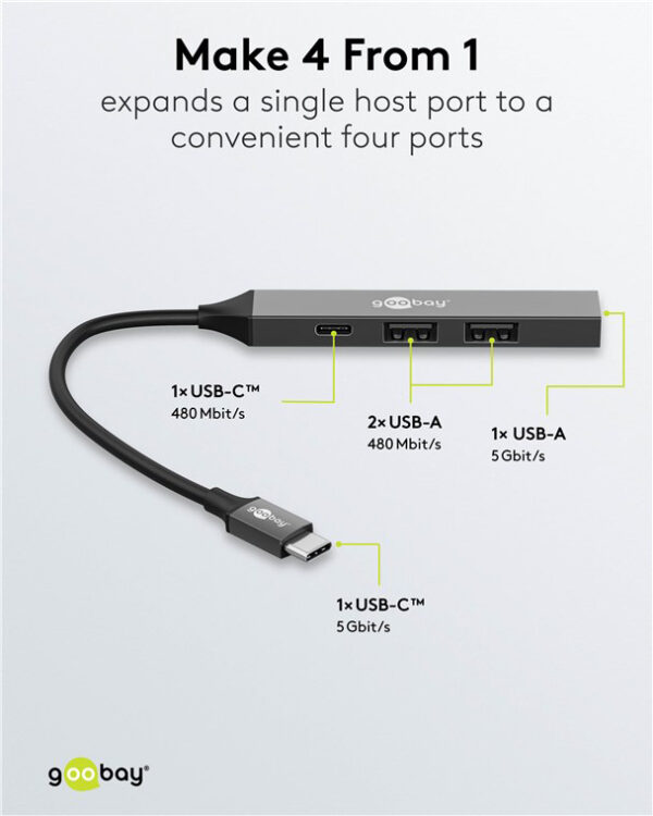 GOOBAY USB hub 74459, 4x θυρών, USB 3.2, 5Gbps, USB-C σύνδεση, γκρι - Image 3
