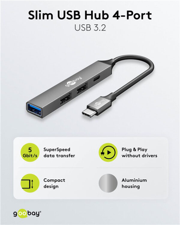 GOOBAY USB hub 74459, 4x θυρών, USB 3.2, 5Gbps, USB-C σύνδεση, γκρι - Image 5
