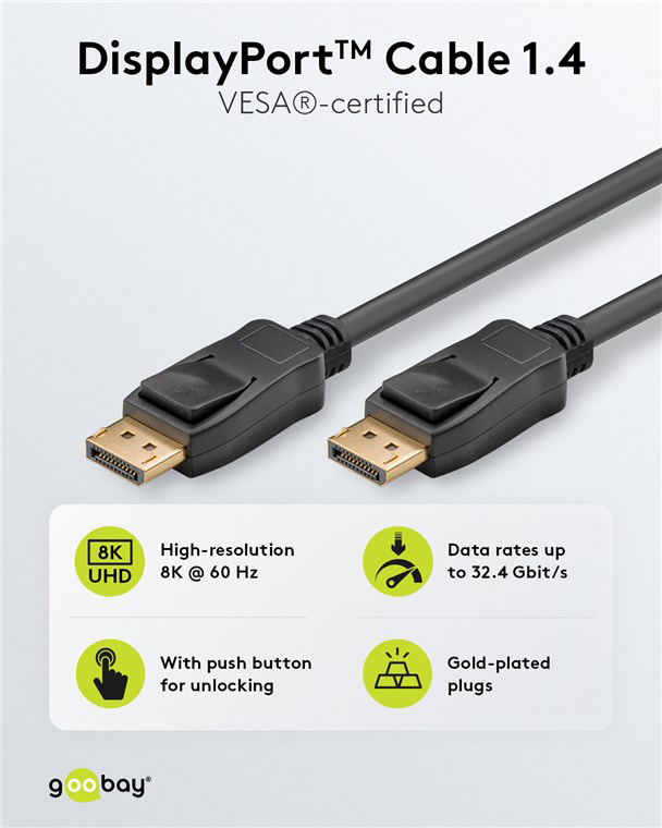 GOOBAY καλώδιο DisplayPort 74777, VESA Certified, 8K/60Hz, 32.4 Gbps, 1m, μαύρο - Image 2