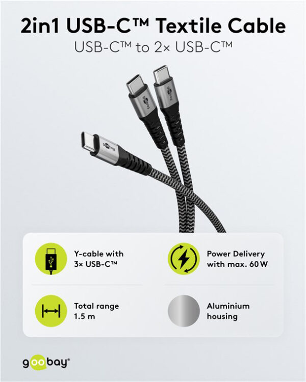 GOOBAY καλώδιο USB-C σε 2x USB-C 75739, 60W, 480Mbps, 1.5m, γκρι - Image 3