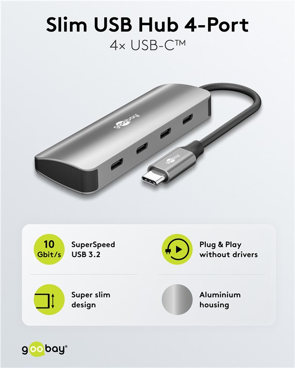 GOOBAY USB hub 76565, 4x θυρών, USB 3.2, 10Gbps, USB-C σύνδεση, γκρι - Image 2