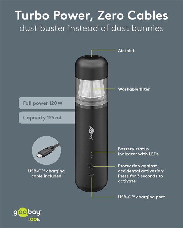 GOOBAY 2 σε 1 σκουπάκι χειρός & air duster 77829, 120W, 6000mAh, μαύρο - Image 5