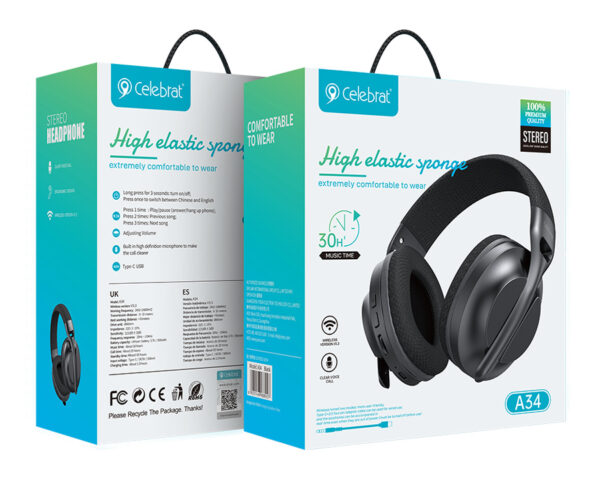 CELEBRAT headphones A34, ασύρματα & ενσύρματα, 40mm, 300mAh, μαύρα - Image 7