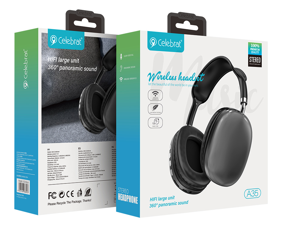 CELEBRAT headphones A35, ασύρματα & ενσύρματα, micro SD, 40mm, 200mAh, μαύρα - Image 6