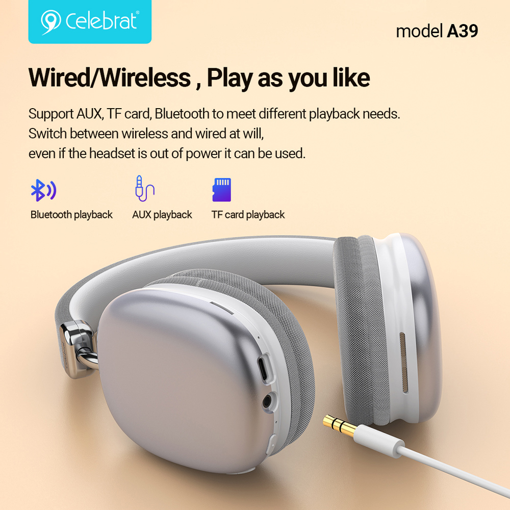 CELEBRAT headphones A39, ασύρματα & ενσύρματα, micro SD, 40mm, 400mAh, ασημί - Image 3