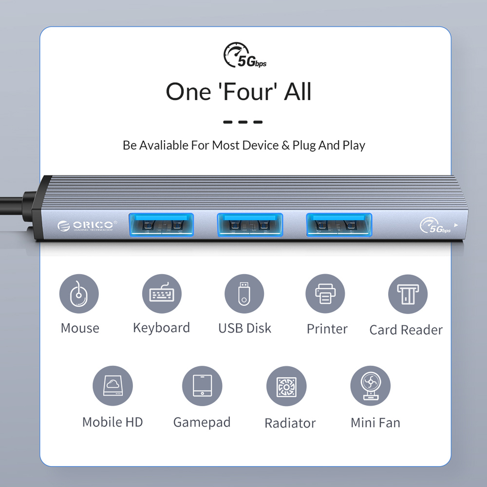 ORICO USB hub AH-13, 4x θυρών, USB 3.0, 5Gbps, USB-C σύνδεση, γκρι - Image 3