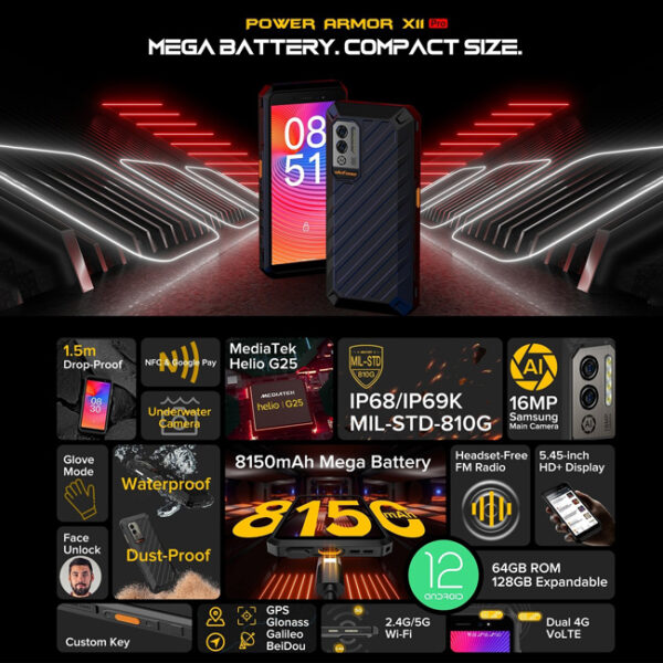 ULEFONE smartphone Power Armor X11 Pro, 5.45", 4/64GB, 8150mAh, μαύρο - Image 2