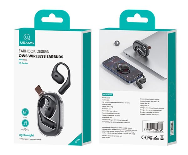 USAMS earphones με θήκη φόρτισης UG26, OWS, Φ14.2mm, 50/300mAh, μαύρα - Image 5