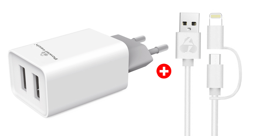 POWERTECH φορτιστής τοίχου 2x USB PT-778 & MFi καλώδιο USB σε Micro/Lightning
