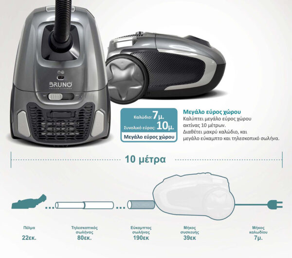 BRUNO ηλεκτρική σκούπα BRN-0136, 800W, 3.5lt, γκρι - Image 7