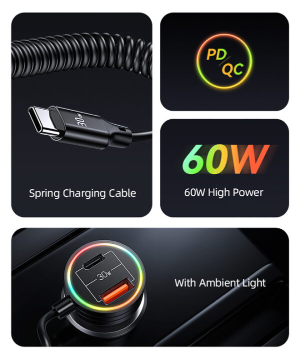 USAMS φορτιστής αυτοκινήτου US-CC167 με καλώδιο, USB/USB-C, 60W, μαύρος - Image 3