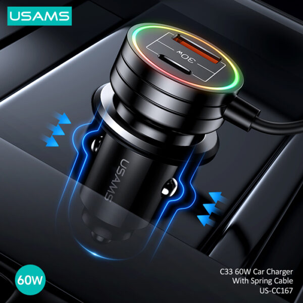 USAMS φορτιστής αυτοκινήτου US-CC167 με καλώδιο, USB/USB-C, 60W, μαύρος - Image 4