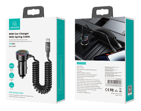 USAMS φορτιστής αυτοκινήτου US-CC167 με καλώδιο, USB/USB-C, 60W, μαύρος - Image 5