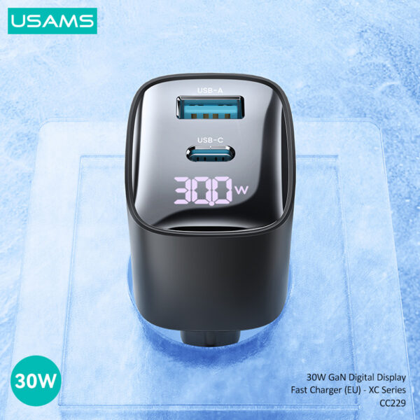 USAMS φορτιστής τοίχου US-CC229, USB & USB-C, 30W, GaN, μαύρος - Image 4