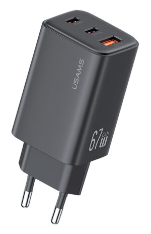 USAMS φορτιστής τοίχου CC265, USB & 2x USB-C, 67W, GaN, μαύρος