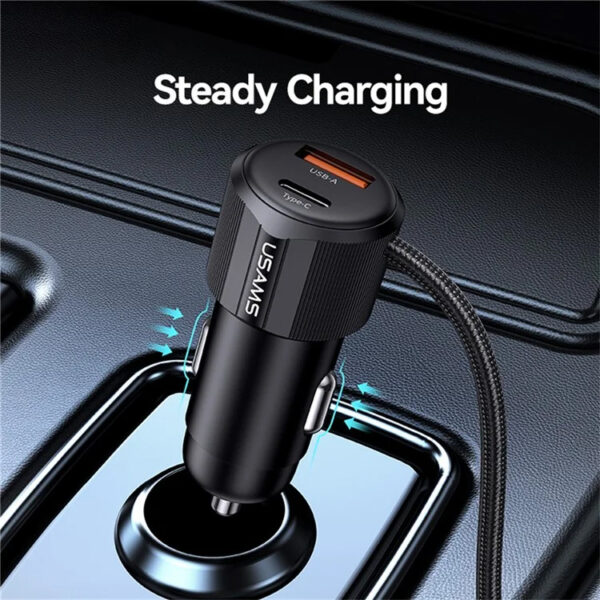 USAMS φορτιστής αυτοκινήτου CC287 με 2 σε 1 καλώδιο, USB/USB-C θύρες, 66W, μαύρος - Image 3