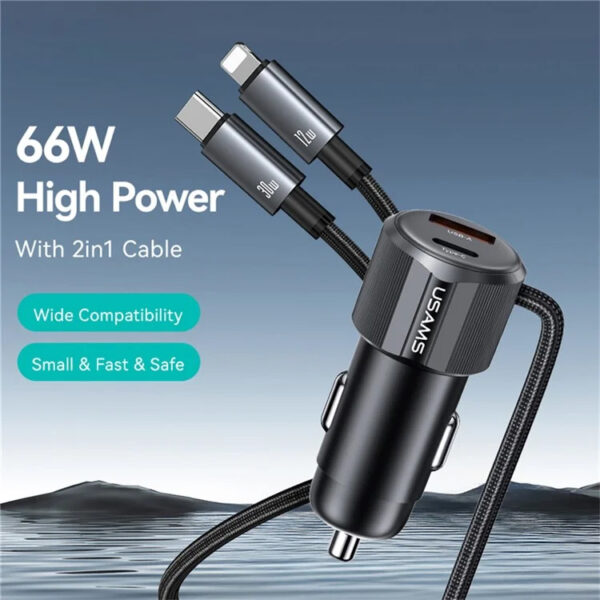 USAMS φορτιστής αυτοκινήτου CC287 με 2 σε 1 καλώδιο, USB/USB-C θύρες, 66W, μαύρος - Image 5