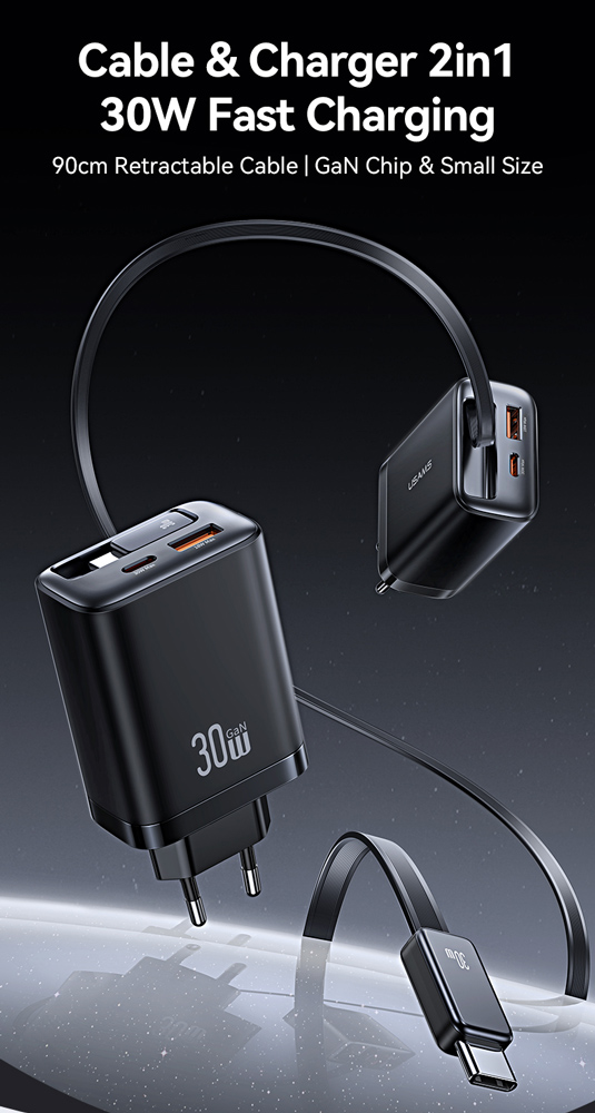 USAMS φορτιστής τοίχου CC296 με καλώδιο, USB & USB-C, 30W, μαύρος - Image 2