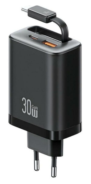 USAMS φορτιστής τοίχου CC296 με καλώδιο, USB & USB-C, 30W, μαύρος