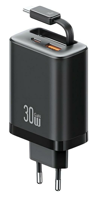 USAMS φορτιστής τοίχου CC296 με καλώδιο, USB & USB-C, 30W, μαύρος