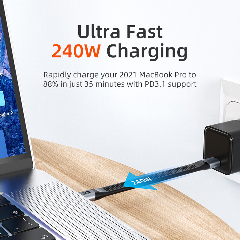 CABLETIME καλώδιο USB-C CT-FU4-AG, flat, 240W, 40Gbps, 8K/60Hz, USB4, 0.15m, μαύρο - Image 3