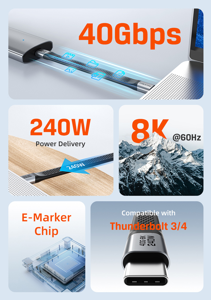 CABLETIME καλώδιο USB-C CT-FU4-AG, flat, 240W, 40Gbps, 8K/60Hz, USB4, 0.15m, μαύρο - Image 5