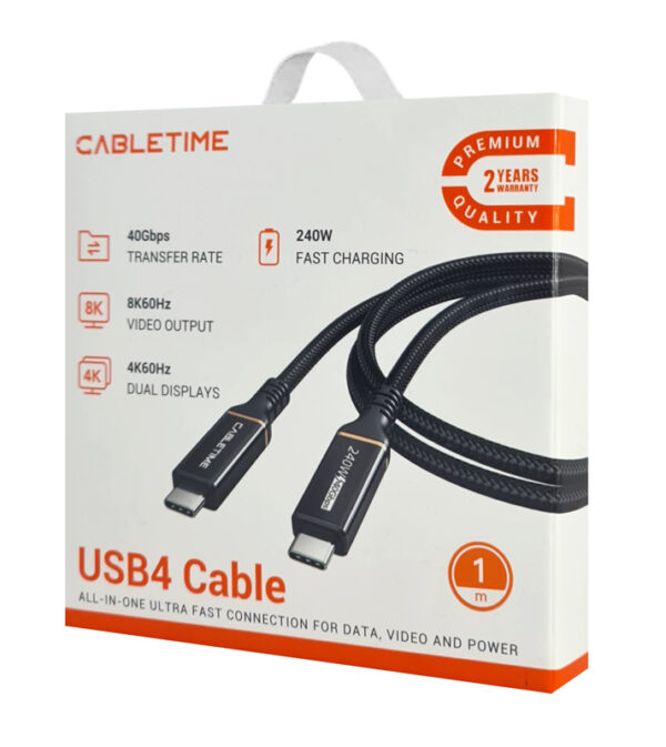 CABLETIME καλώδιο USB-C σε USB-C CT-USB4, 240W, 40Gbps, 8K/60Hz, USB4, 1m, μαύρο - Image 10