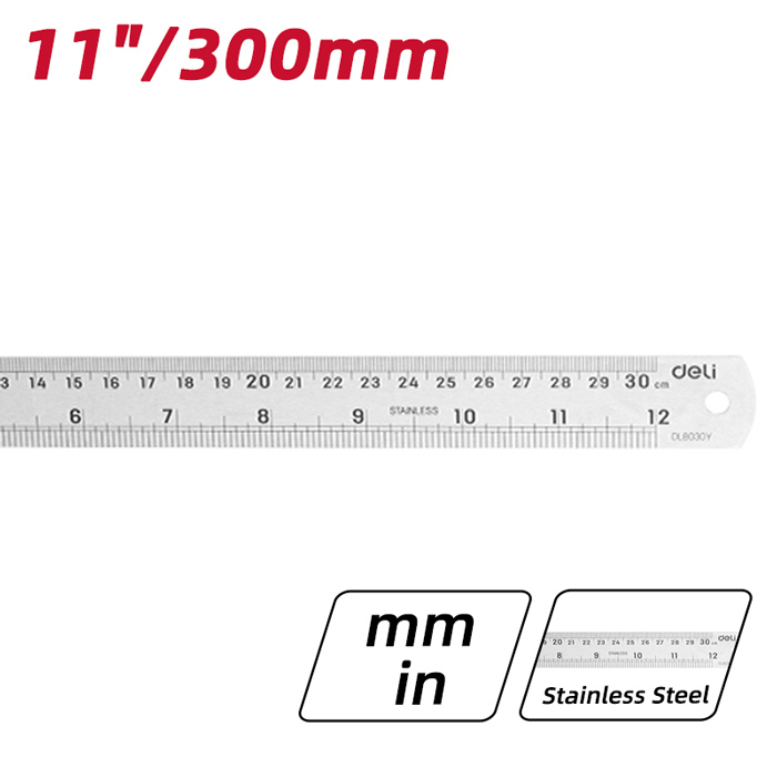 DELI μεταλλικός χάρακας DL8030Y, ανοξείδωτο ατσάλι, 12"/30cm, ασημί - Image 3